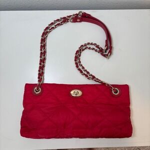 DKNYC Red Quilted Nylon Shoulder Bag Gold Chain Strap Leather Trim Turn Lock